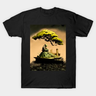 Contemplating the Complexities Under the Japanese Bonsai Tree No. 1 on a dark background T-Shirt